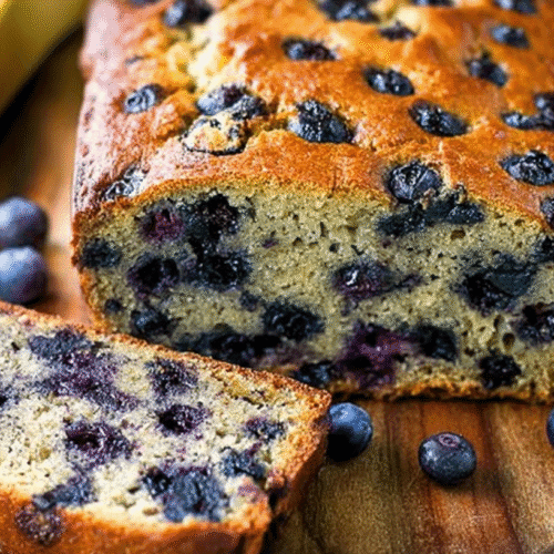 simple blueberry banana bread taken with an old camera, freshly baked, golden crust, plump blueberries, moist crumb, rustic wooden board, soft warm light, shallow depth of field, appetizing.