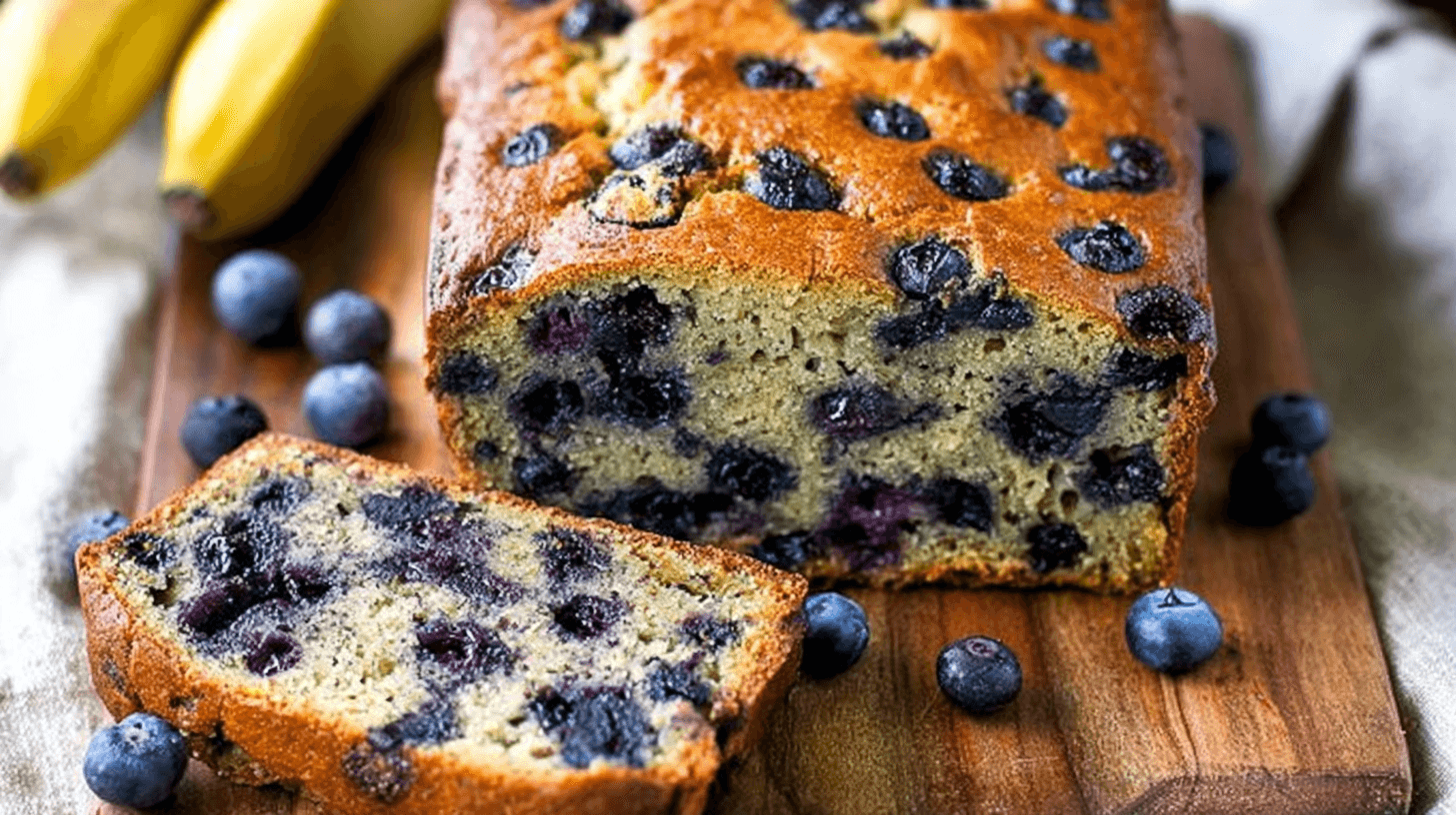 simple blueberry banana bread taken with an old camera, freshly baked, golden crust, plump blueberries, moist crumb, rustic wooden board, soft warm light, shallow depth of field, appetizing.