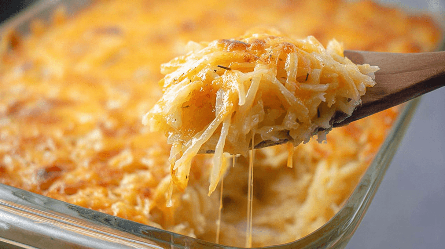 simple cheesy potato casserole taken with an old camera, golden creamy casserole, gooey melted cheese, browned crust, wooden spoon scooping, stringy texture, warm lighting, close-up, appetizing.