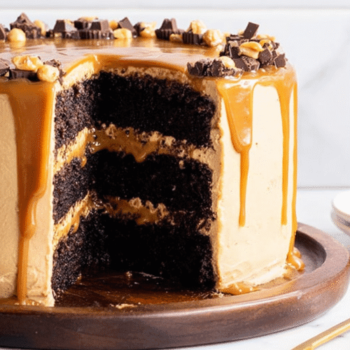 Chocolate Caramel Cake: The Ultimate Decadent Dessert 4 simple chocolate caramel cake taken with an old camera, multi-layered, smooth tan frosting, glossy caramel drizzle, chocolate chunks, roasted peanuts, moist dark chocolate layers, rustic wooden platter, slice on white plate, bright white marble surface, subtle grey veining, bright even lighting, decadent, appealing, professionally styled.