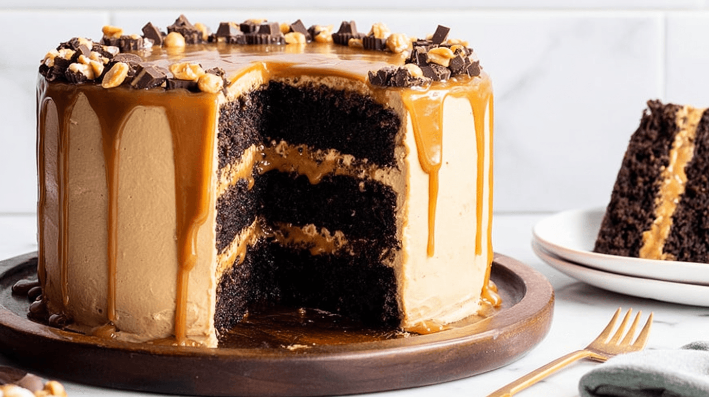 Chocolate Caramel Cake: The Ultimate Decadent Dessert 1 simple chocolate caramel cake taken with an old camera, multi-layered, smooth tan frosting, glossy caramel drizzle, chocolate chunks, roasted peanuts, moist dark chocolate layers, rustic wooden platter, slice on white plate, bright white marble surface, subtle grey veining, bright even lighting, decadent, appealing, professionally styled.