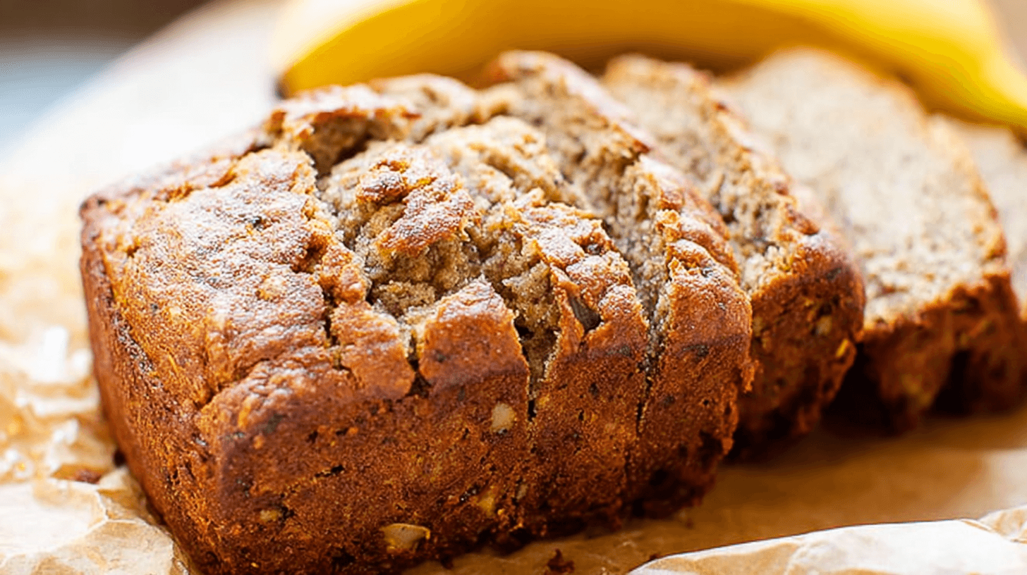 simple coconut flour banana bread taken with an old camera, beautifully baked, sliced, golden-brown crust, cracked texture, moist interior, soft porous texture, dark banana specks, rustic, wholesome, crumpled parchment paper, partially visible yellow banana, close-up, shallow depth of field, bright warm lighting, homemade.