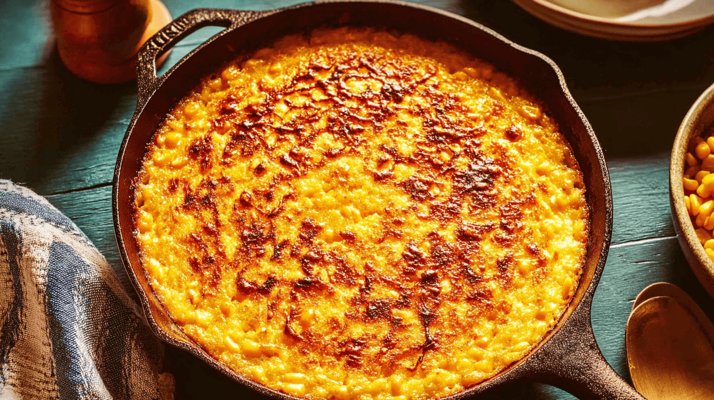 The Ultimate Corn Casserole Recipe 1 simple corn casserole recipe taken with an old camera, rustic cast-iron skillet, golden baked dish, caramelized crust, bubbly texture, warm dramatic lighting, comforting home-cooked meal.
