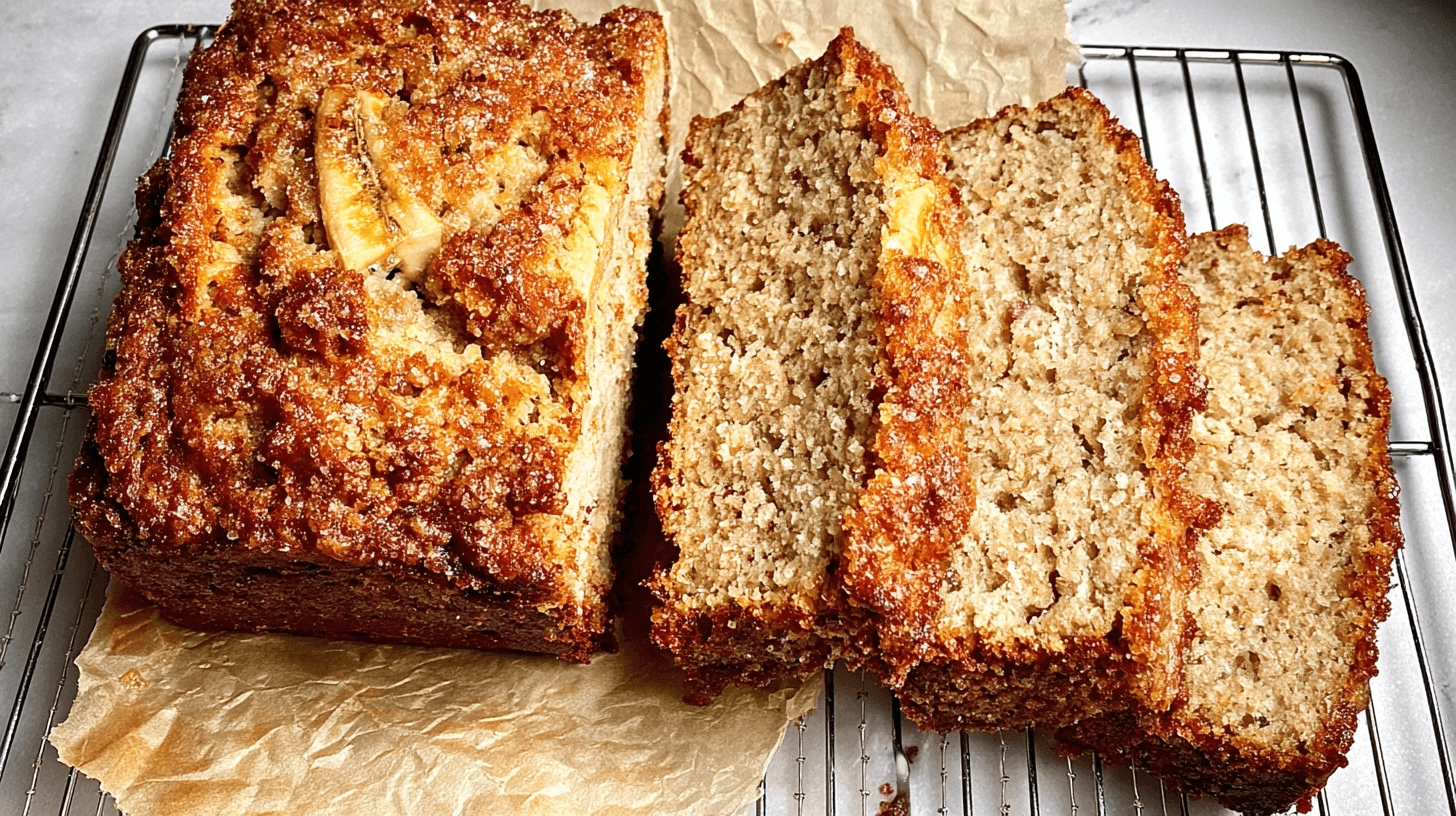 Delicious Cottage Cheese Banana Bread 1 simple cottage cheese banana bread taken with an old camera, freshly baked, partially sliced, golden-brown crust, craggy texture, sugar topping, moist banana crumb, silver cooling rack, crinkled parchment, bright natural light, top-down view.