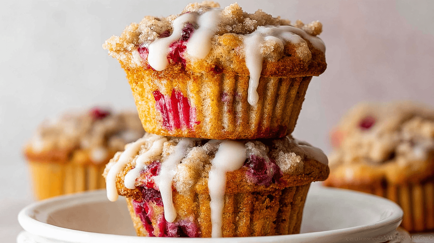 simple cranberry orange muffins taken with an old camera, stacked, golden-brown, vibrant cranberry streaks, crumbly streusel, thick white glaze, elegant drips, soft bokeh background, white plate, soft diffused light, appetizing.