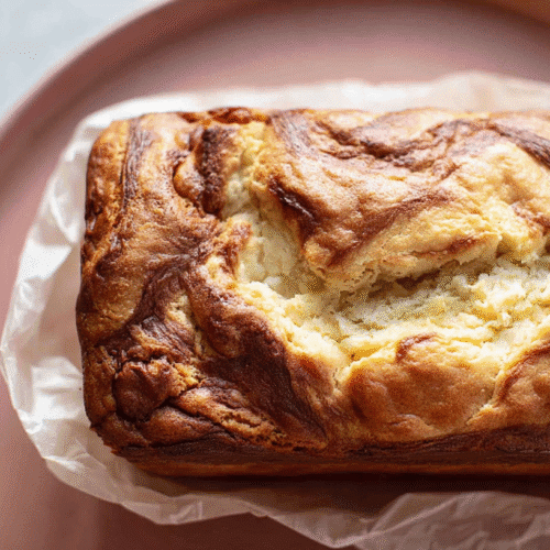 simple cream cheese banana bread taken with an old camera, freshly baked, golden brown marbled crust, rustic crack, moist interior, crumpled parchment paper, dusty rose matte plate, blurred grey background, soft natural light, shallow depth of field.