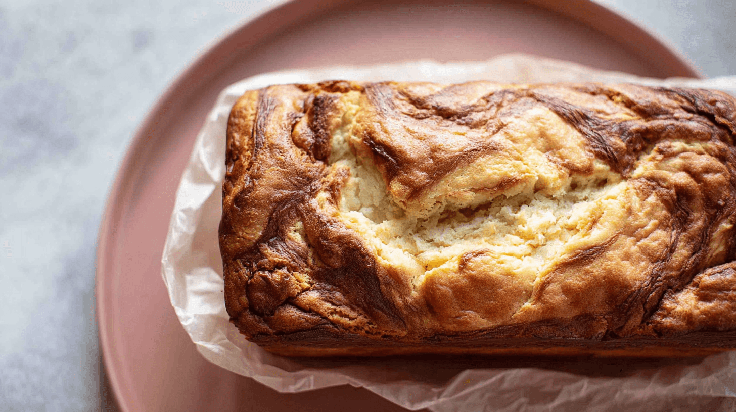 simple cream cheese banana bread taken with an old camera, freshly baked, golden brown marbled crust, rustic crack, moist interior, crumpled parchment paper, dusty rose matte plate, blurred grey background, soft natural light, shallow depth of field.