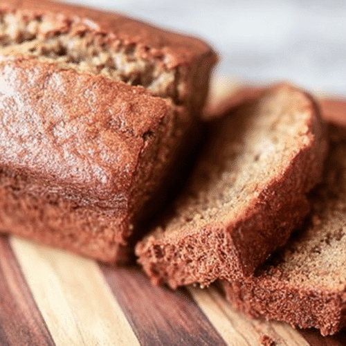 Stacked banana bread French toast topped with sliced bananas, whipped cream, and maple syrup.