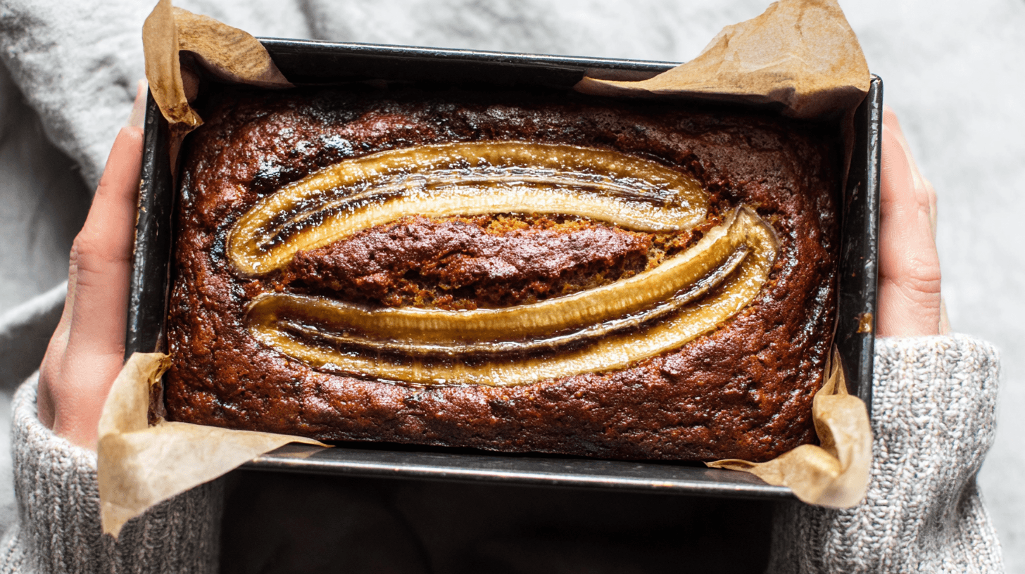 simple eggless banana bread taken with an old camera, freshly baked, warm comforting, homemade, golden-brown crust, glossy caramelized banana slices, moist texture, black loaf pan, parchment lining, hands in cozy sweater, soft natural light, grey background.
