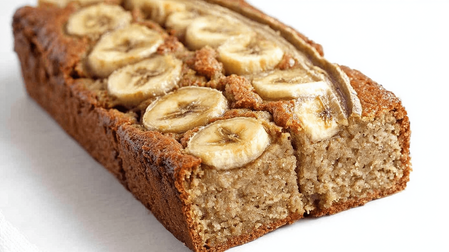 simple flourless banana bread taken with an old camera, delicious, freshly baked, partially sliced, clean white background, bright even lighting, golden-brown rustic crust, baked banana slices, moist tender crumb, warm beige interior, minimalist setting.