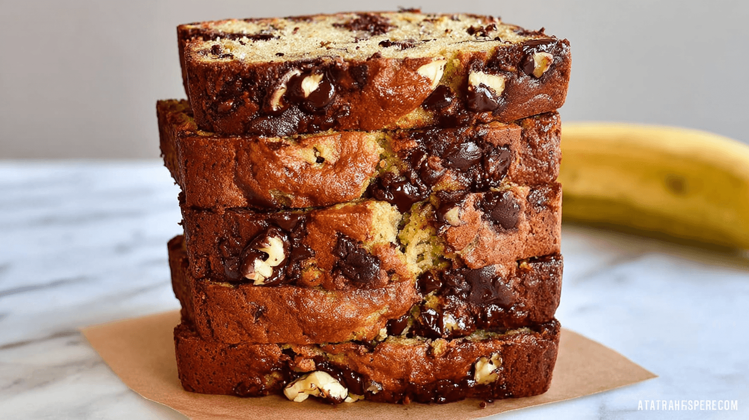 Ultra-Moist Greek Yogurt Banana Bread 1 simple greek yogurt banana bread taken with an old camera, stacked slices, chocolate chip, pecan, golden-brown crust, moist crumb, natural light, marble countertop, ripe bananas.