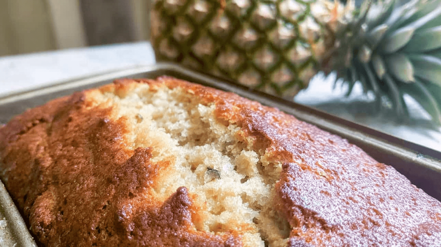 Easy & Delicious Hawaiian Banana Bread with Coconut & Pineapple 1 simple hawaiian banana bread taken with an old camera, close-up, golden-brown crust, moist interior, metal baking pan, blurred pineapple, bright lighting, homemade feel, tropical flavors.