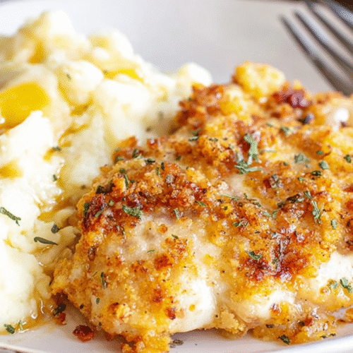 simple longhorn parmesan crusted chicken taken with an old camera, appetizing close-up, brightly lit, golden-brown crispy crust, gooey melted cheese, green herbs, creamy rustic mashed potatoes, melted butter, white ceramic plate, elegant silver fork, dark wooden table, shallow depth of field.