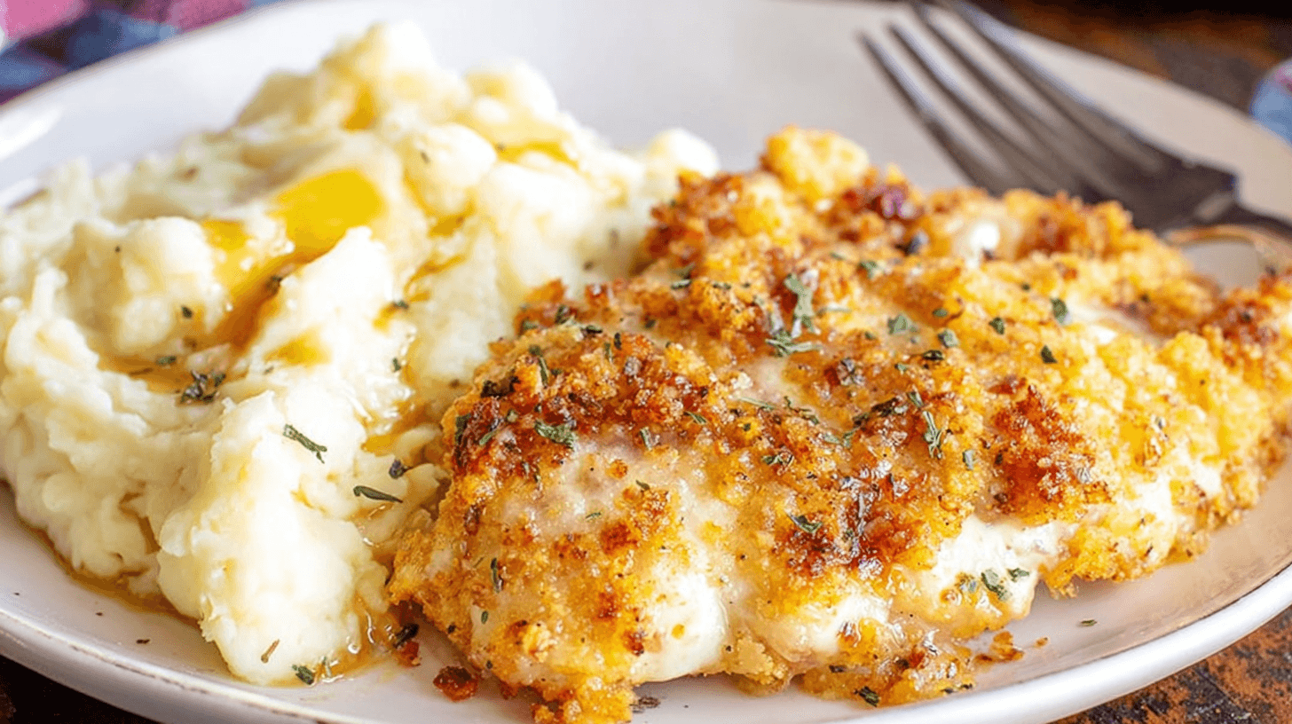simple longhorn parmesan crusted chicken taken with an old camera, appetizing close-up, brightly lit, golden-brown crispy crust, gooey melted cheese, green herbs, creamy rustic mashed potatoes, melted butter, white ceramic plate, elegant silver fork, dark wooden table, shallow depth of field.