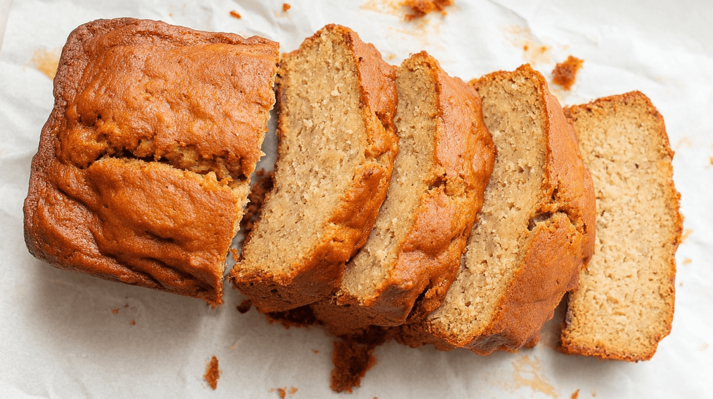 Moist & Fluffy Low Calorie Banana Bread (Under 100 Calories!) 1 simple low calorie banana bread taken with an old camera, top-down shot, freshly baked, sliced, golden-brown crust, textured, fanned slices, moist crumb, warm beige interior, banana specks, scattered crumbs, bright even lighting, subtle shadows, homemade comfort.