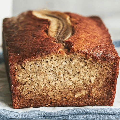 Delicious Low Carb Banana Bread with Real Bananas 4 simple low carb banana bread taken with an old camera, golden-brown loaf, partially sliced, rich caramelized crust, moist speckled crumb, white parchment, blue linen napkin, blurred glass of milk, golden knife, white marble, soft natural light, sharp focus, comforting.