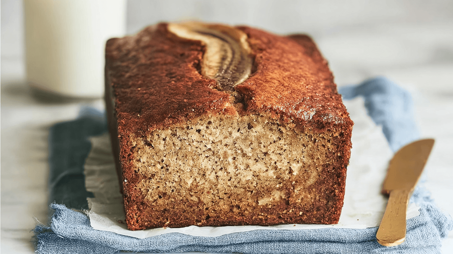Delicious Low Carb Banana Bread with Real Bananas 1 simple low carb banana bread taken with an old camera, golden-brown loaf, partially sliced, rich caramelized crust, moist speckled crumb, white parchment, blue linen napkin, blurred glass of milk, golden knife, white marble, soft natural light, sharp focus, comforting.