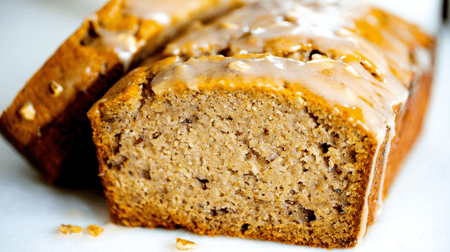 simple low sugar banana bread taken with an old camera, close-up, high-angle, partially sliced, generous translucent glaze, warm golden-brown crust, moist medium-brown crumb, chopped nuts, bright soft lighting, out-of-focus white background, homemade comfort.