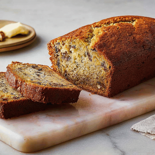 simple martha stewart banana bread taken with an old camera, freshly baked, golden crust, moist interior, walnuts, marble cutting board, linen cloth, brightly lit, cozy atmosphere.
