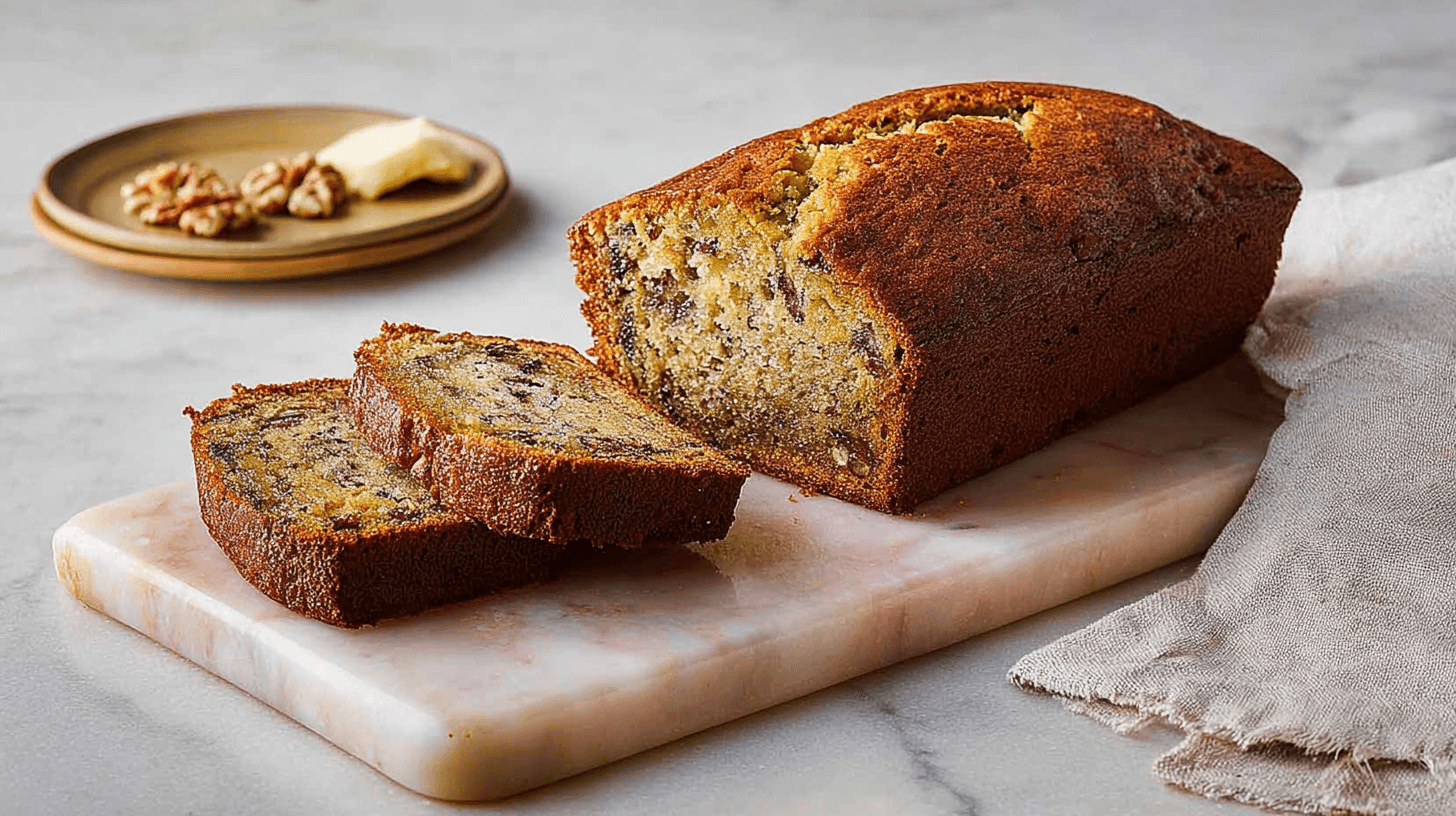 simple martha stewart banana bread taken with an old camera, freshly baked, golden crust, moist interior, walnuts, marble cutting board, linen cloth, brightly lit, cozy atmosphere.