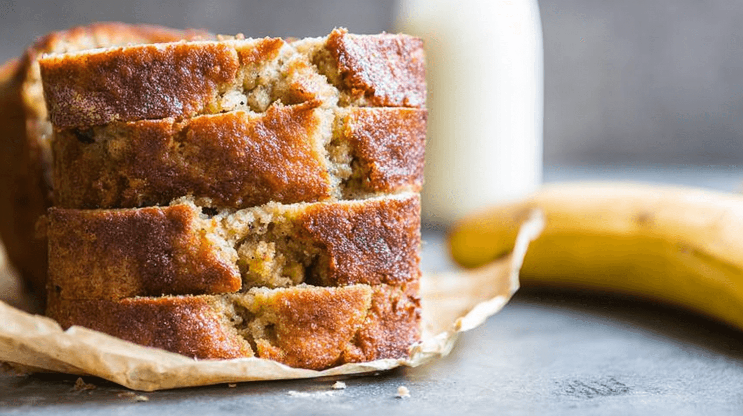 simple paleo banana bread taken with an old camera, close-up, stacked golden-brown slices, caramelized rustic crust, moist golden-yellow crumb, visible mashed banana, crumpled parchment, dark stone surface, blurred ripe bananas, blurred milk jug, soft grey-blue background, shallow depth of field, inviting warm light.