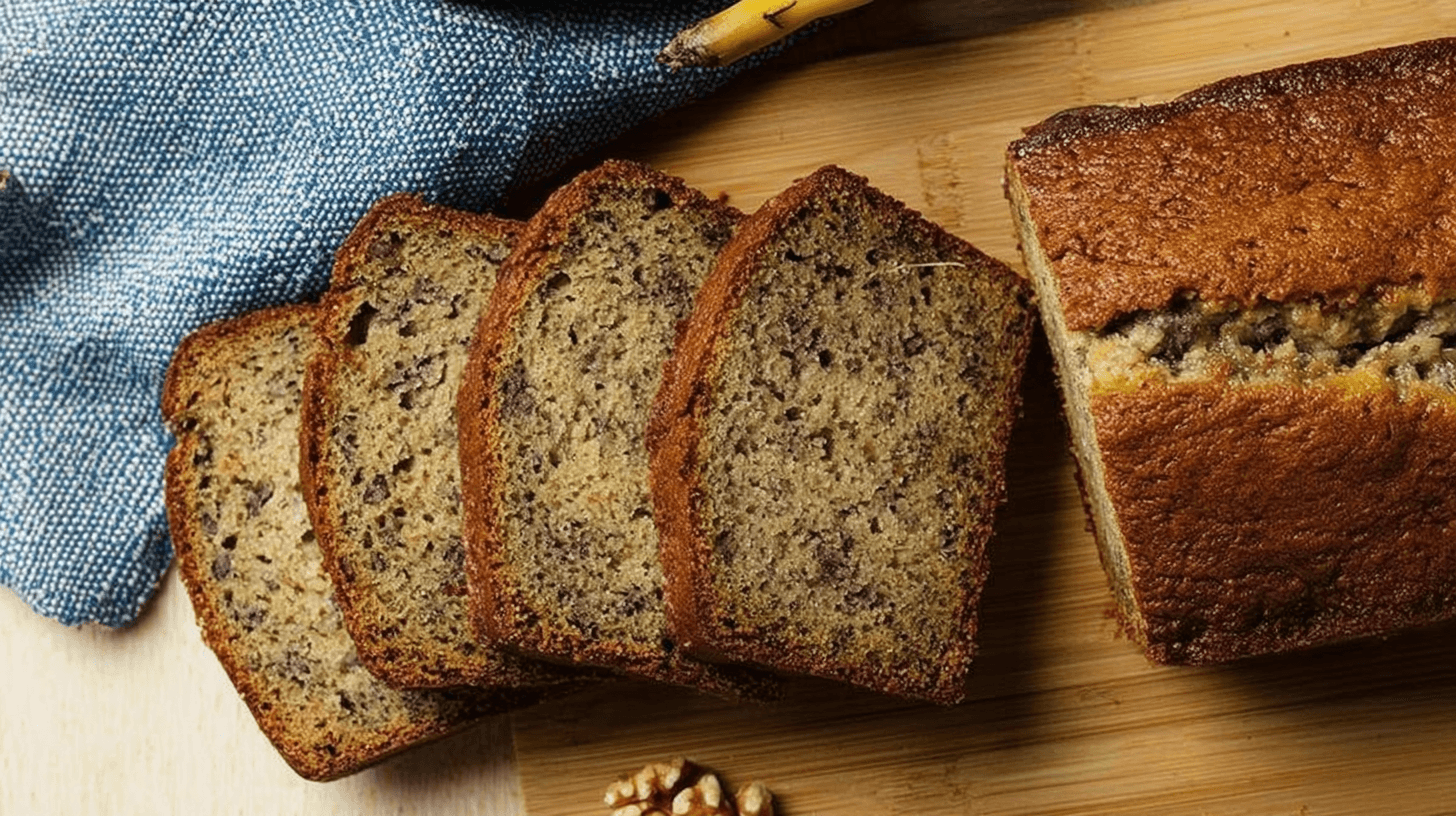 Classic Pillsbury Banana Bread Recipe 1 simple pillsbury banana bread taken with an old camera, freshly baked, golden-brown crust, fanned slices, moist crumb, walnuts, light wood cutting board, blue woven napkin, soft natural light, overhead view, rustic comfort.