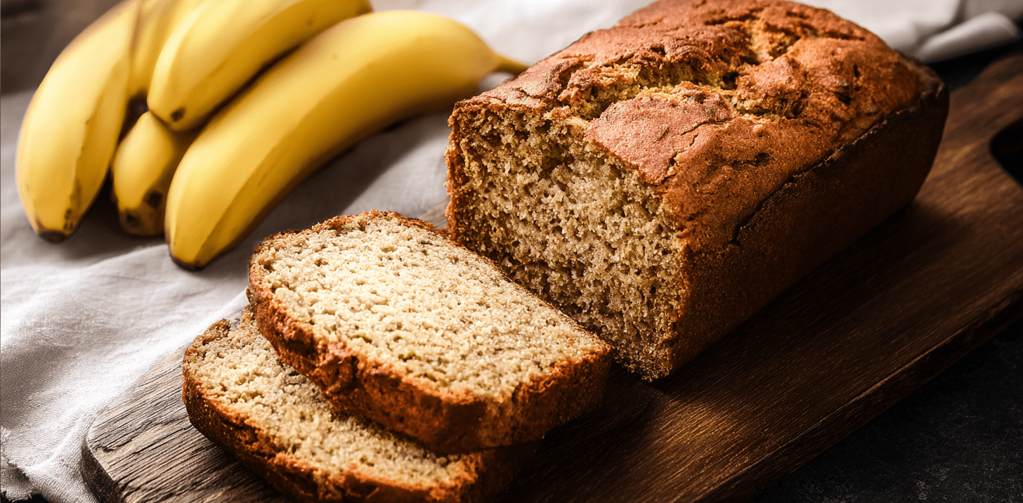 simple protein banana bread taken with an old camera, golden-brown banana bread loaf, sliced, moist interior, ripe bananas, rustic wooden cutting board, well-lit, fresh atmosphere.