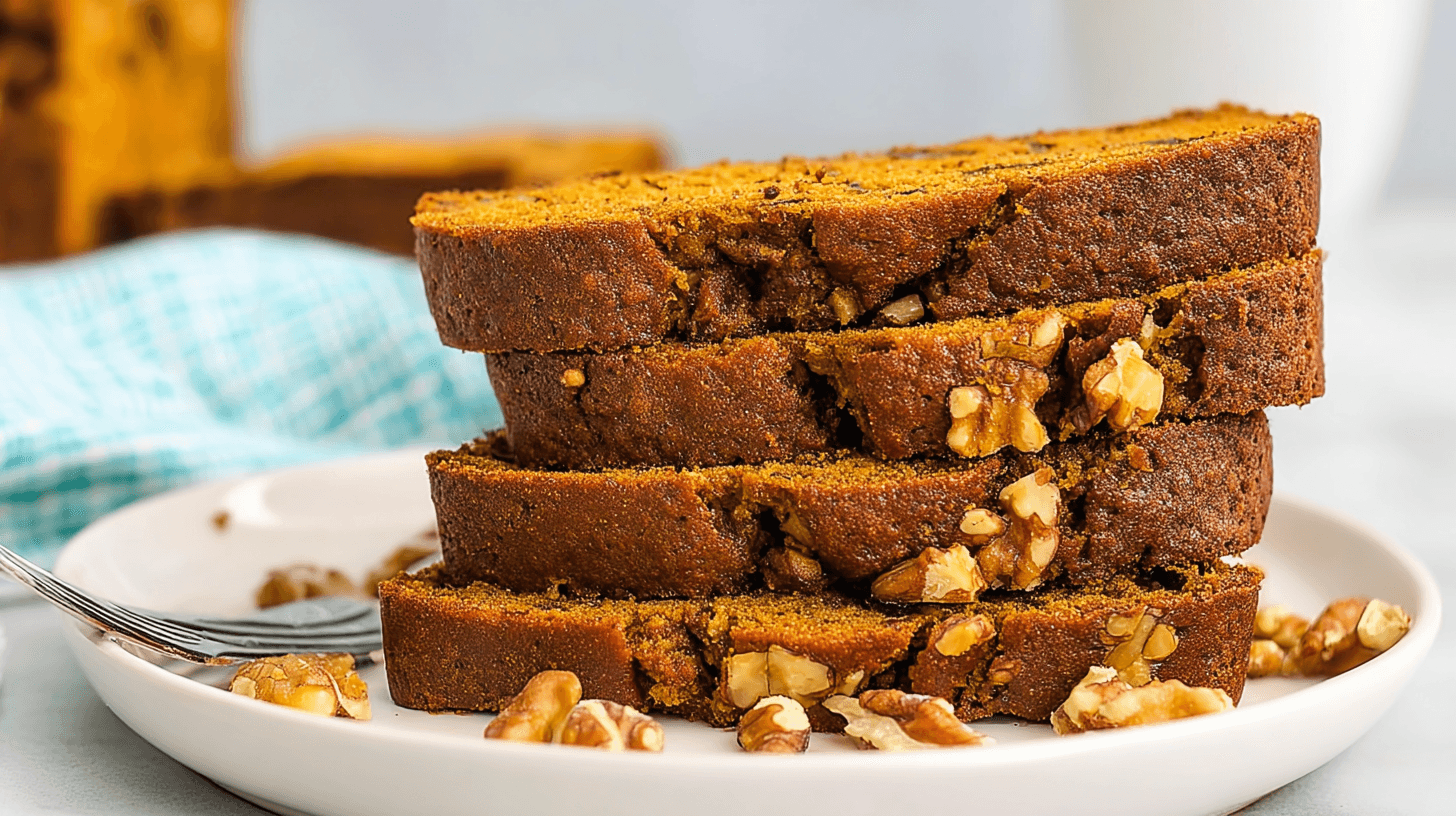simple pumpkin banana bread taken with an old camera, five thick slices, stacked, round white plate, warm golden-brown hue, caramelized edges, moist crumb, visible walnuts, scattered walnuts, silver fork detail, blurred original loaf, light blue and white checkered fabric, soft diffused natural light, cozy atmosphere.