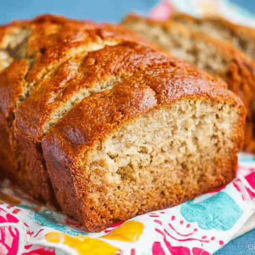 Perfectly Moist Sour Cream Banana Bread 4 simple sour cream banana bread taken with an old camera, golden-brown loaf, rustic crust, moist tender crumb, vibrant patterned cloth, solid blue background, bright natural light, warm, inviting homemade.