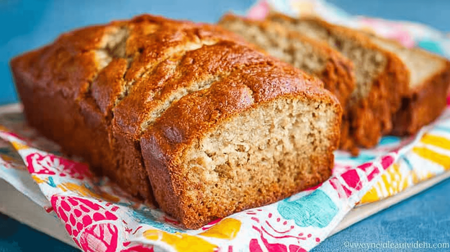 Perfectly Moist Sour Cream Banana Bread 1 simple sour cream banana bread taken with an old camera, golden-brown loaf, rustic crust, moist tender crumb, vibrant patterned cloth, solid blue background, bright natural light, warm, inviting homemade.
