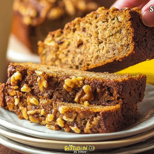 simple starbucks banana bread recipe taken with an old camera, freshly baked banana bread, rich walnuts, moist dense crumb, golden-brown crust, hand lifting slice, white ceramic plates, wooden surface, cinnamon sticks, blurred Starbucks cup, ripe yellow banana, soft warm lighting, homemade comfort food.