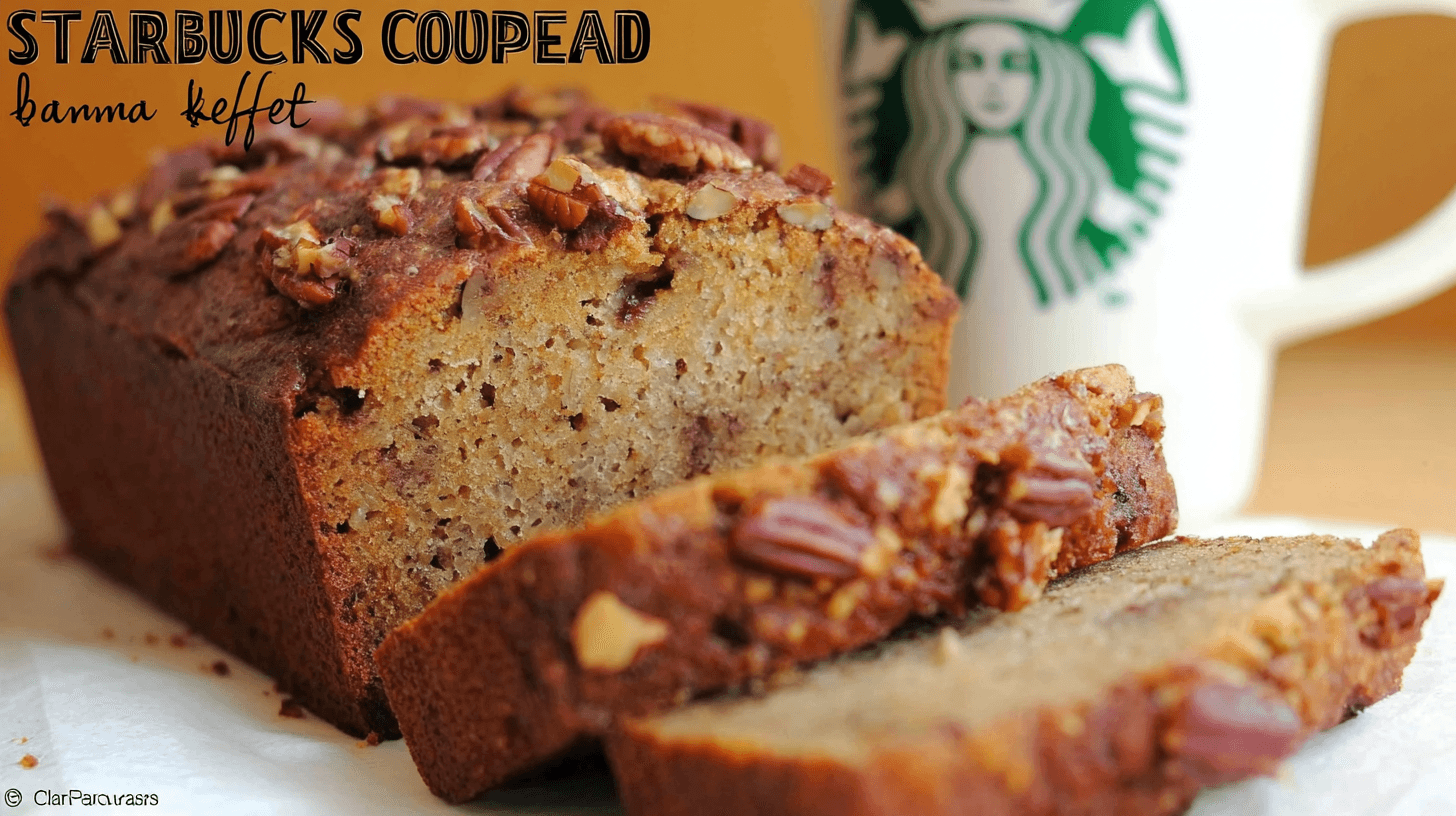 simple starbucks banana nut bread taken with an old camera, delicious, freshly baked, partially sliced banana bread, moist crumb, pecan-studded crust, warm golden-brown, blurred Starbucks mug, bright even lighting, shallow depth of field.