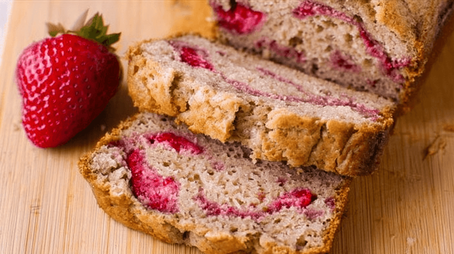 simple strawberry banana bread taken with an old camera, appetizing close-up, freshly sliced, stacked slices, golden-brown crust, moist crumb, bright red strawberries, fresh whole strawberry, light wooden surface, soft even lighting, homemade.