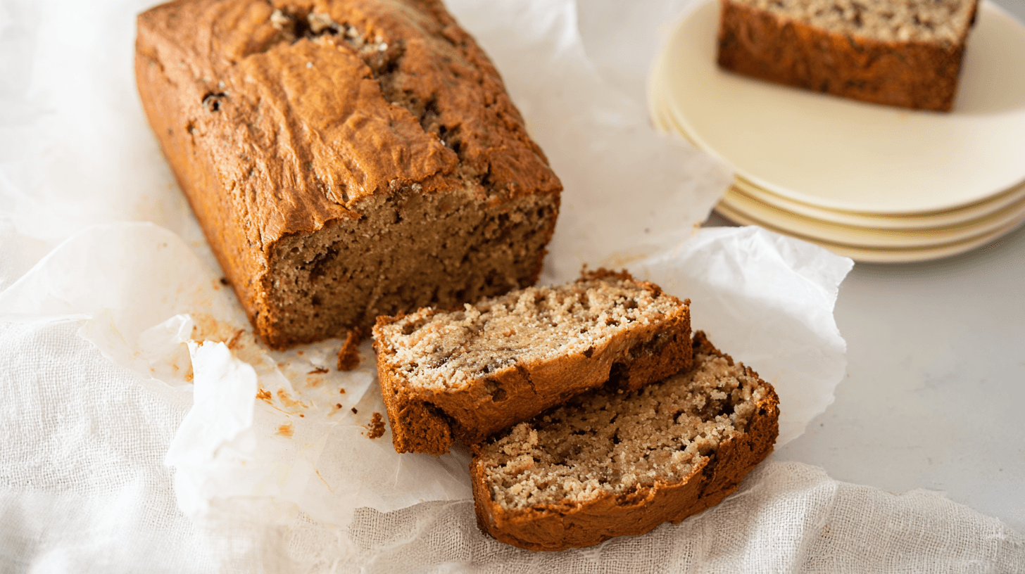 Delicious Sugar-Free Banana Bread: A Wholesome & Gluten-Free Friendly Recipe 1 simple sugar free banana bread taken with an old camera, sliced loaf, golden-brown crust, moist interior, parchment paper, textured white fabric, ceramic plates, soft natural light, sharp focus, comforting still life.