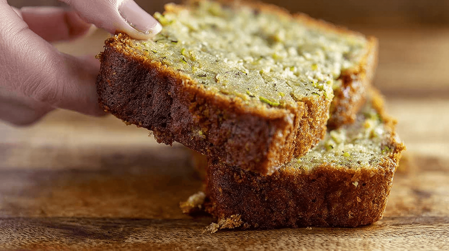 simple zucchini banana bread taken with an old camera, close-up, two stacked slices, hand lifting, golden-brown crust, moist crumb, rustic wooden surface, soft warm lighting, shallow depth of field.