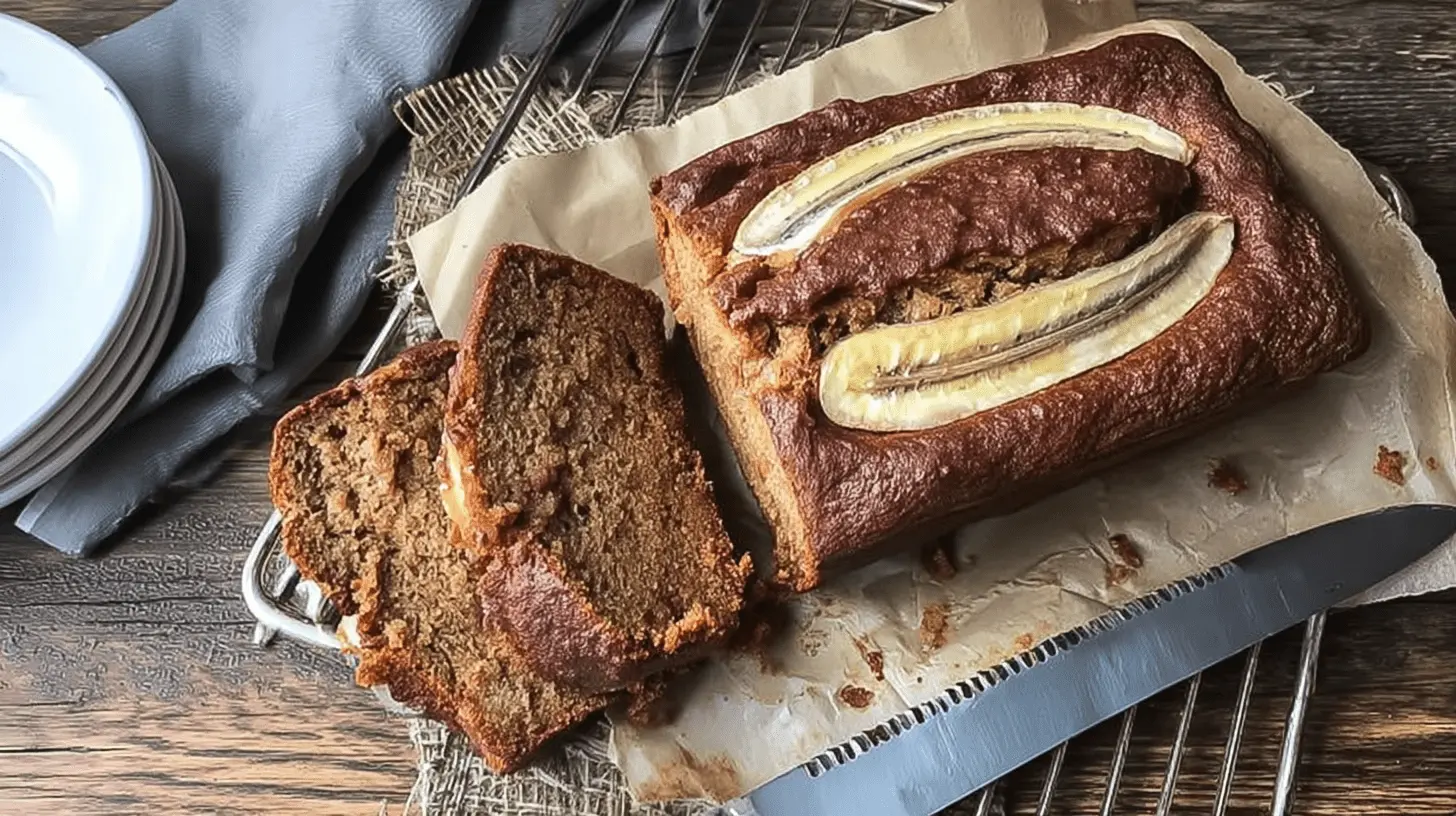 The Ultimate Moist Banana Bread Recipe 1 Freshly baked moist banana bread recipe loaf and slices on a rustic wooden board with banana garnish.