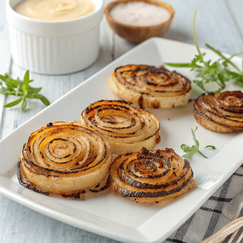 Rustic baked onion spirals with caramelized parmesan on a white plate.