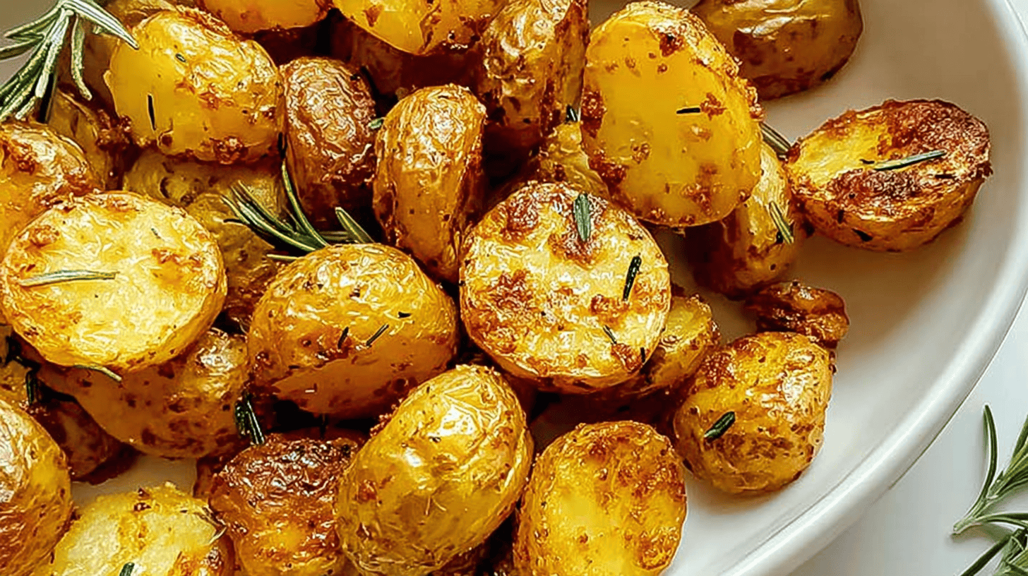 Crispy Air Fryer Baby Potatoes 1 simple Air Fryer Baby Potatoes taken with an old camera, vibrant close-up, golden-crisp roasted potatoes, white ceramic dish, fresh rosemary, tender, blistered texture, bright lighting, clean white background, appetizing.