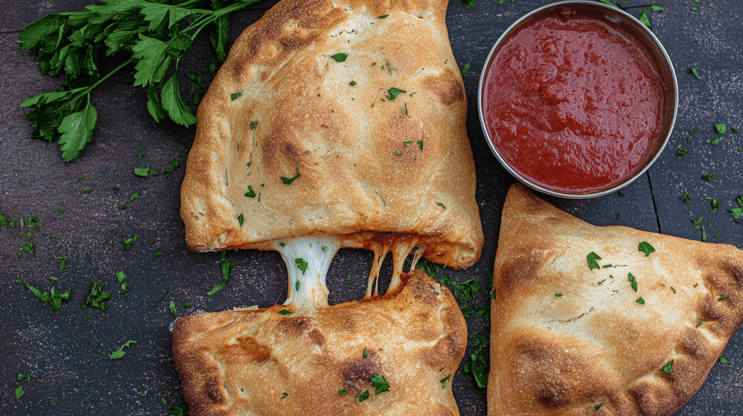 Easy Air Fryer Calzones: Crispy, Cheesy, & Quick 1 simple Air Fryer Calzones taken with an old camera, overhead view, golden crust, gooey cheese pull, rich tomato sauce, fresh parsley, dark rustic surface, soft natural light.