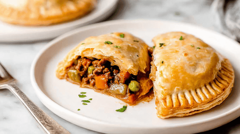 simple Beef Hand Pies taken with an old camera, appetizing close-up, golden-brown flaky crust, crimped edges, fresh herbs, robust meat filling, carrots, peas, rich gravy, white ceramic plates, marble surface, bright even lighting, soft shadows, professional food photography.