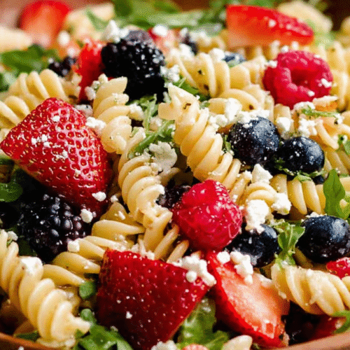 simple Berry Pasta Salad taken with an old camera, vibrant, fresh, abundant, rustic bowl, mixed fusilli pasta, colorful berries, arugula, crumbled feta, bright even lighting, inviting close-up.