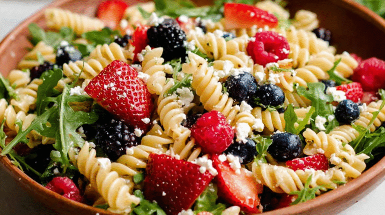 simple Berry Pasta Salad taken with an old camera, vibrant, fresh, abundant, rustic bowl, mixed fusilli pasta, colorful berries, arugula, crumbled feta, bright even lighting, inviting close-up.
