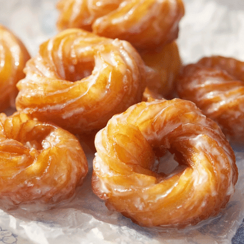 simple French Crullers taken with an old camera, ridged spiraled pastries, glossy translucent pale yellow glaze, golden-brown fried dough, crumpled wax paper, delicate blue floral fabric, soft natural light, shallow depth of field, warm inviting mood.