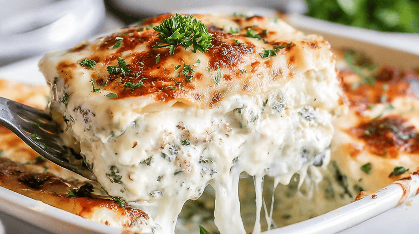 Creamy White Spinach Lasagna: An Easy & Flavorful Casserole 1 simple White Spinach Lasagna taken with an old camera, close-up, mouth-watering, luscious layers, golden-brown melted cheese, crispy top, fresh parsley garnish, creamy spinach filling, gooey cheese pull, white ceramic dish, bright soft natural light, sharp focus, comforting.