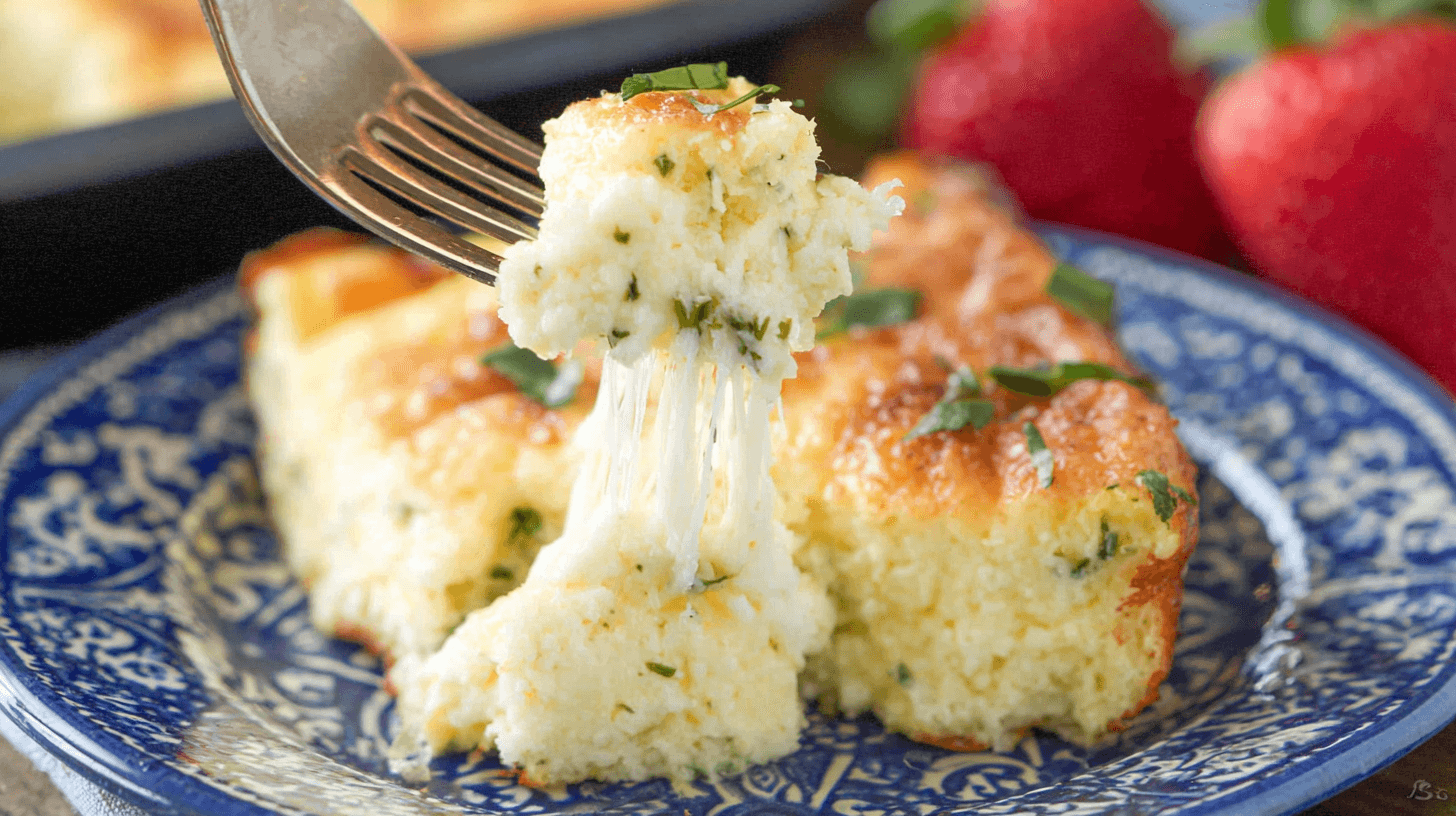 Easy Cheesy Egg Casserole: The Ultimate Bread-Free Brunch Recipe 1 simple cheesy egg casserole taken with an old camera, close-up, cheesy baked gratin, fork lifting, dramatic cheese pull, golden brown crust, fresh green herbs, soft creamy texture, blue and white ceramic plate, intricate floral pattern, fresh red strawberries, soft natural light, bokeh background.
