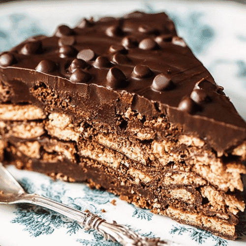 simple chocolate biscuit cake taken with an old camera, mouth-watering slice, glossy dark chocolate ganache, mini chocolate chips, layered biscuits, dense chocolate mixture, cream plate, intricate blue floral pattern, ornate silver spoon, shallow depth of field, soft natural light, elegant presentation, indulgent.