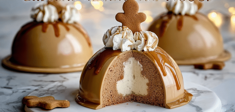 simple gingerbread latte mousse domes taken with an old camera, glossy caramel glaze, miniature gingerbread man, white marble surface, cut open, airy mousse layers, rich sauce drizzle, warm festive lighting, sharp focus