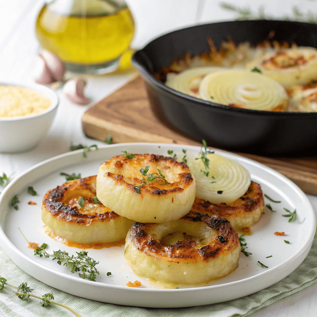 Classic Southern Tennessee Onions Casserole 2 Golden-browned Tennessee onions with melted cheese served on a white plate