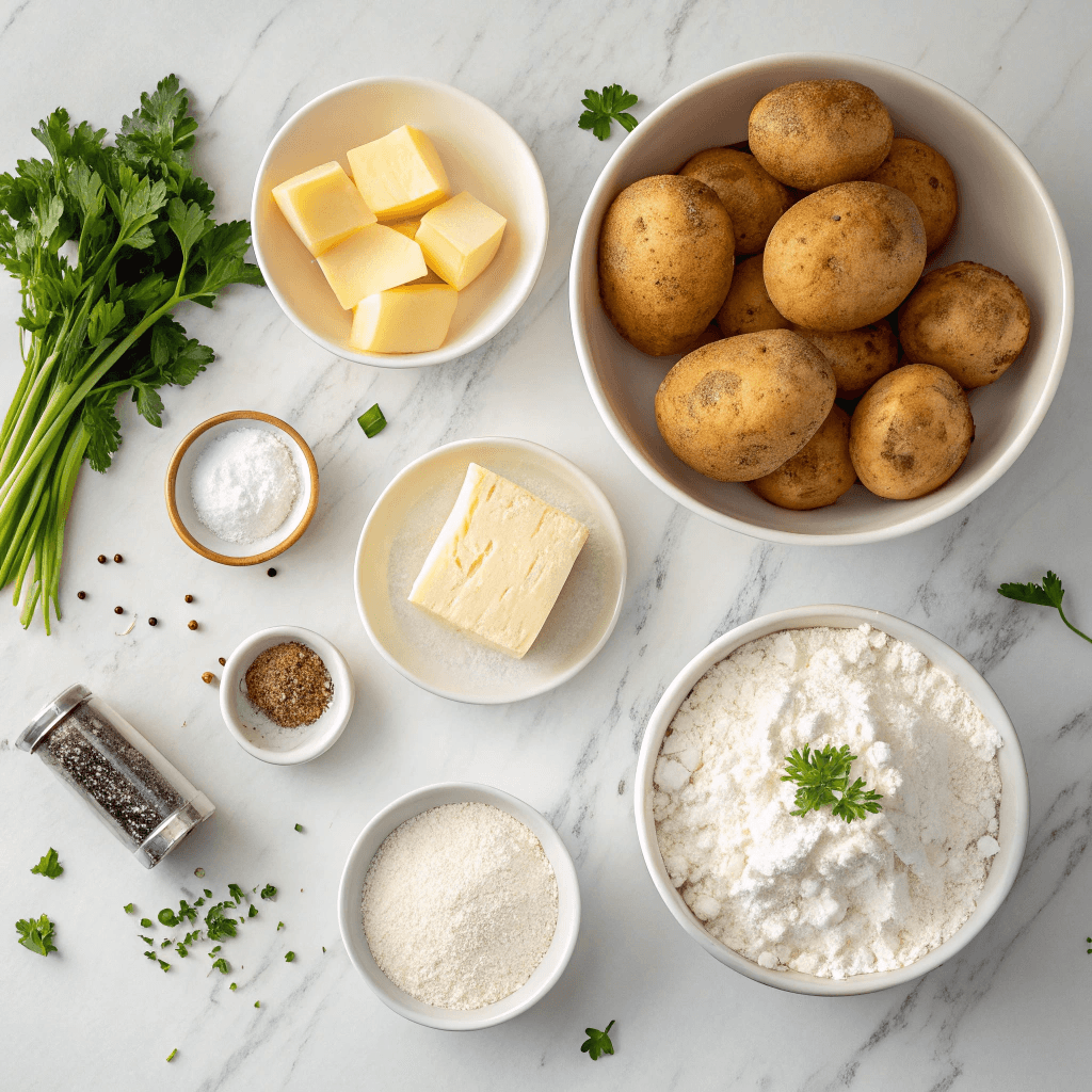 Flat lay of potatoes, flour, butter, salt, and pepper for potato farls.