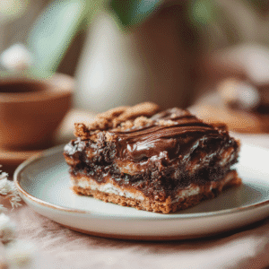 Chocolate dessert square on white plate showing layers of brownie, cookie dough, and biscuit.
